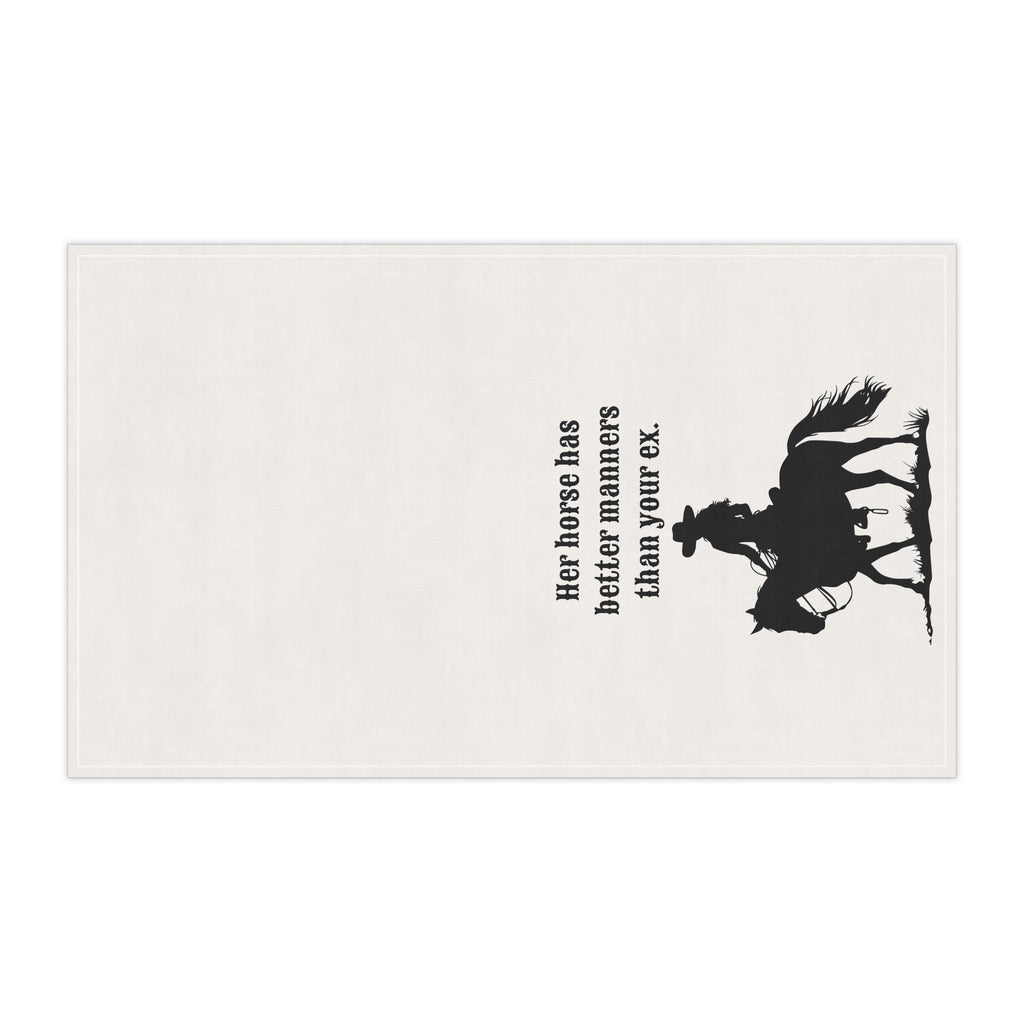 Funny Horse Tea Towel, "Her Horse has better manners than your ex" Sassy tea towel to spice up your Kitchen or Bar Decor, Horse Lover Gift, Housewarming Gift