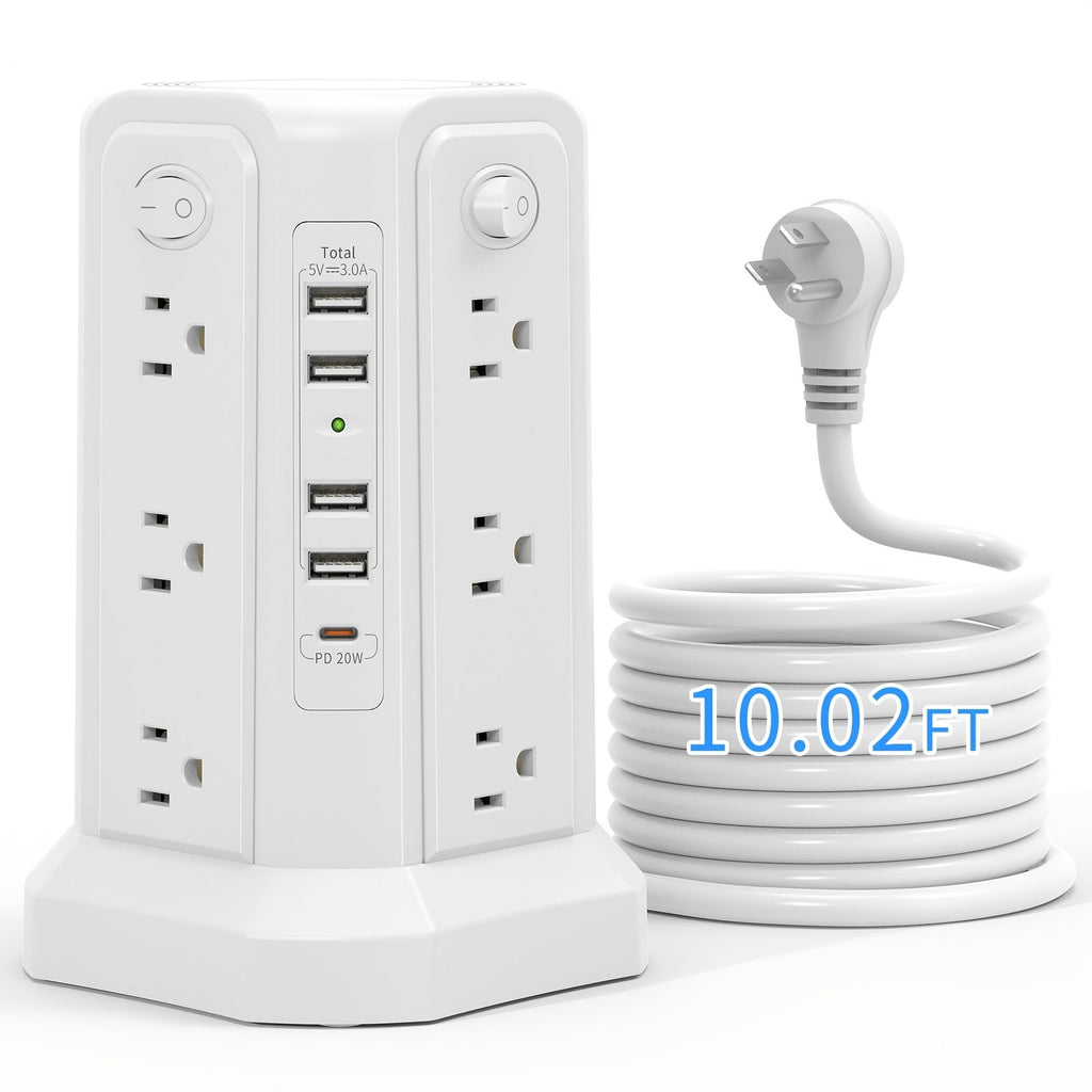 Power Strip Tower Surge Protector 12 AC Outlets 5 USB Ports 8.8ft Cord Gray