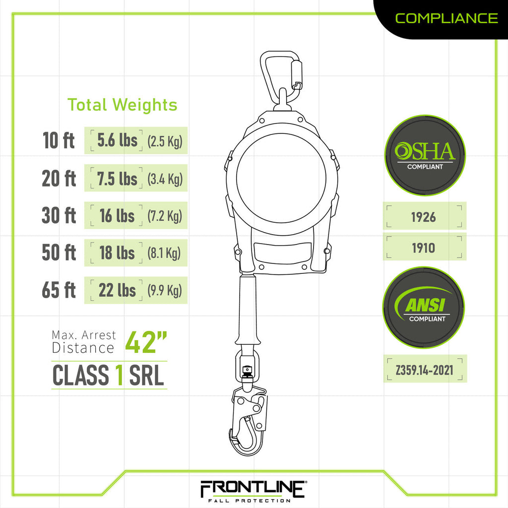 Frontline RPG10 10' Cable Single Leg SRL with Steel Snap Hook End with Carry on Handle and Tagline