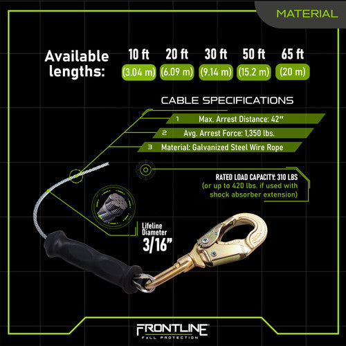 Frontline RPG10 10' Cable Single Leg SRL with Steel Snap Hook End with Carry on Handle and Tagline