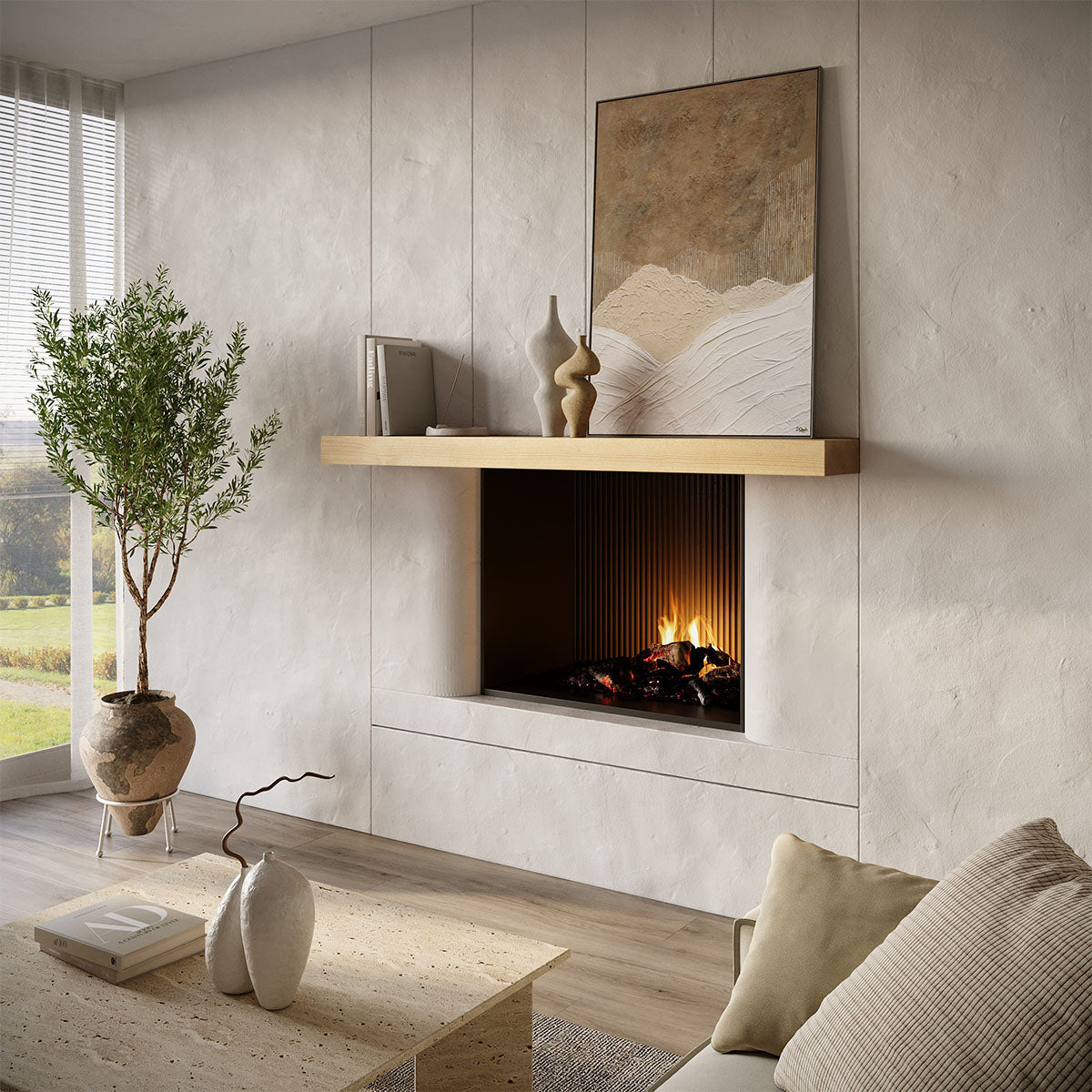 Textured Solid Floating Timber Fireplace Mantel Shelf