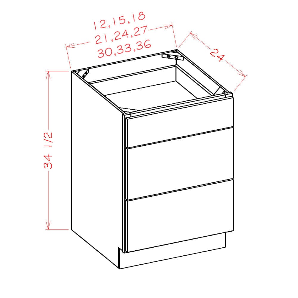 Rustic Hickory 12" 3-Drawer Base Cabinet