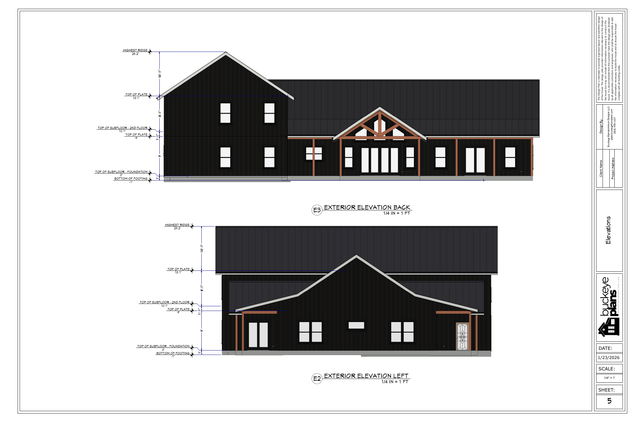 Anglin Residence exact exterior elevations from plan PDF