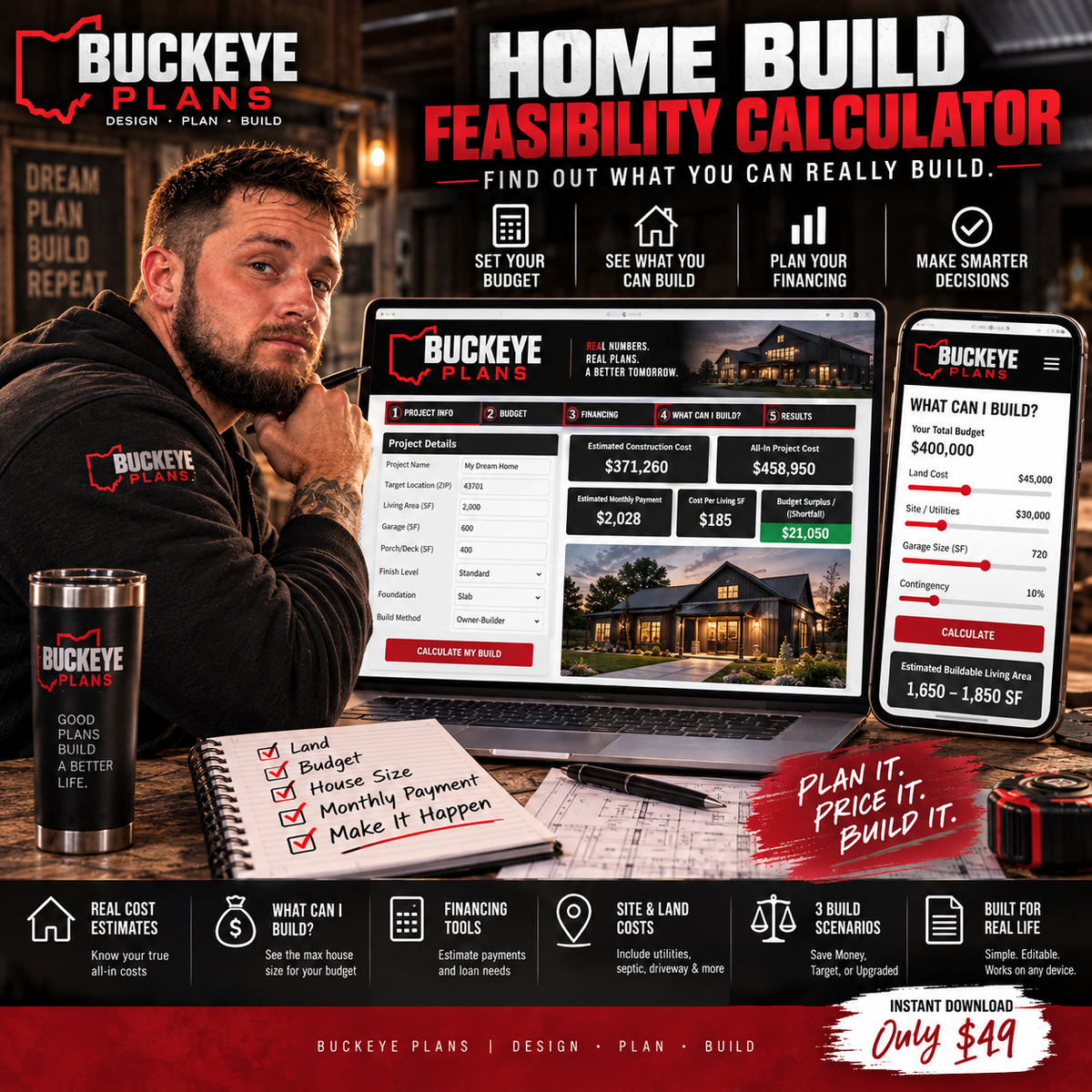 Home Build Feasibility Calculator features and construction planning dashboard