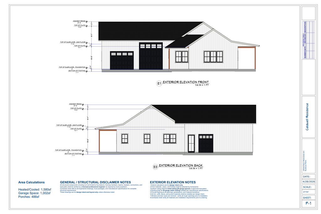 Caldwell Residence exact exterior elevations from complete plan PDF