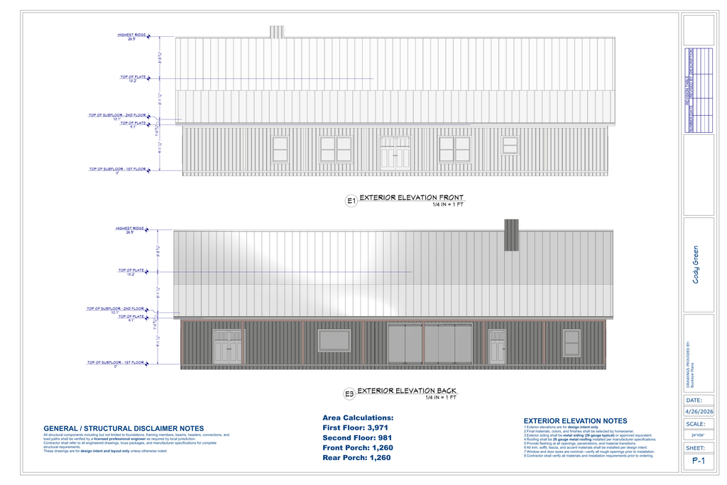 Cody Green Residence exact exterior elevations from plan PDF