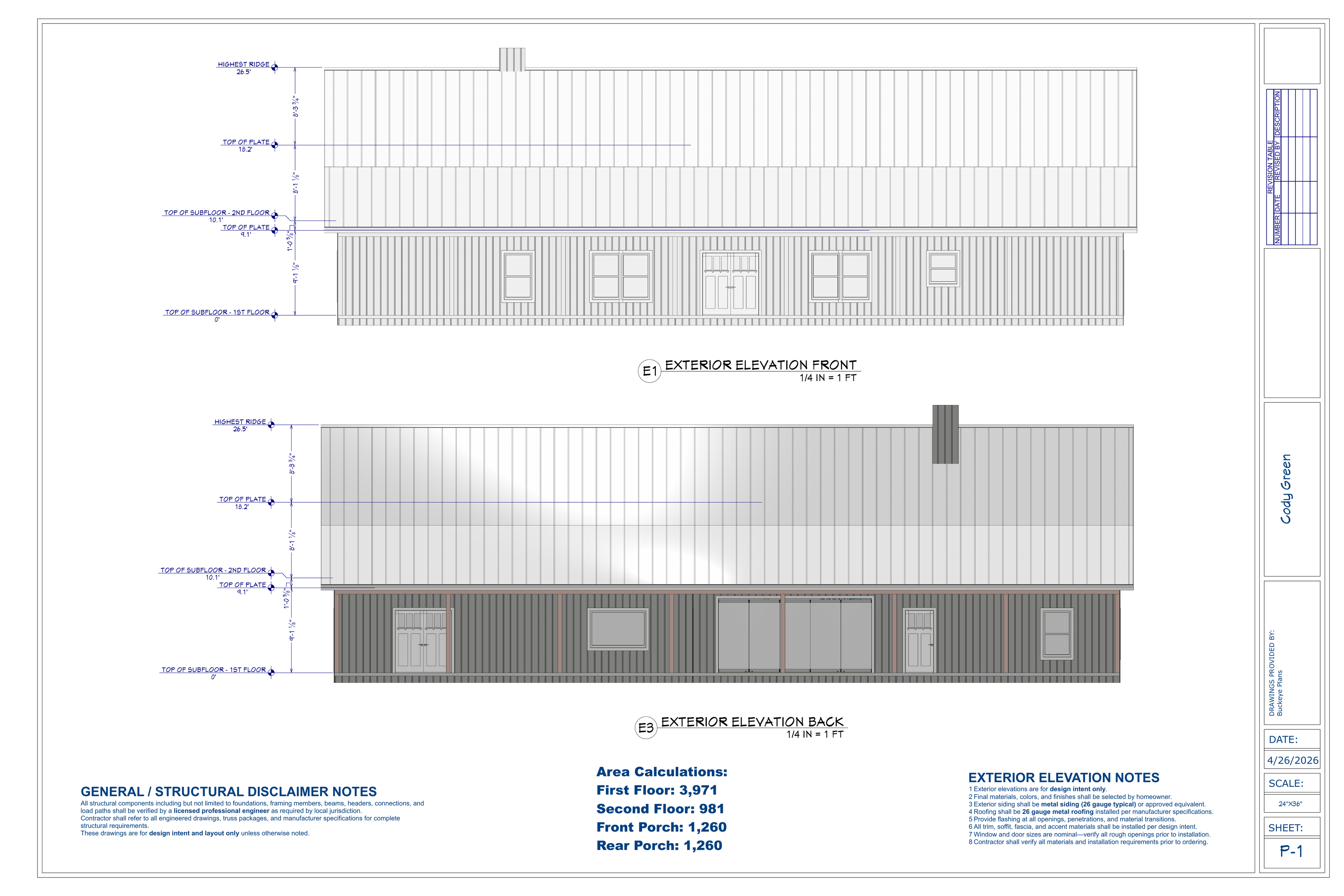 Cody Green Residence exact exterior elevations from plan PDF