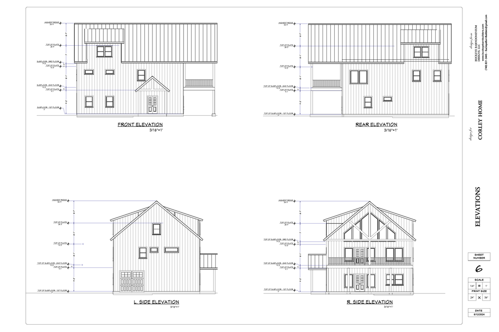 Exact exterior elevation sheet from the Corley Home final plan PDF