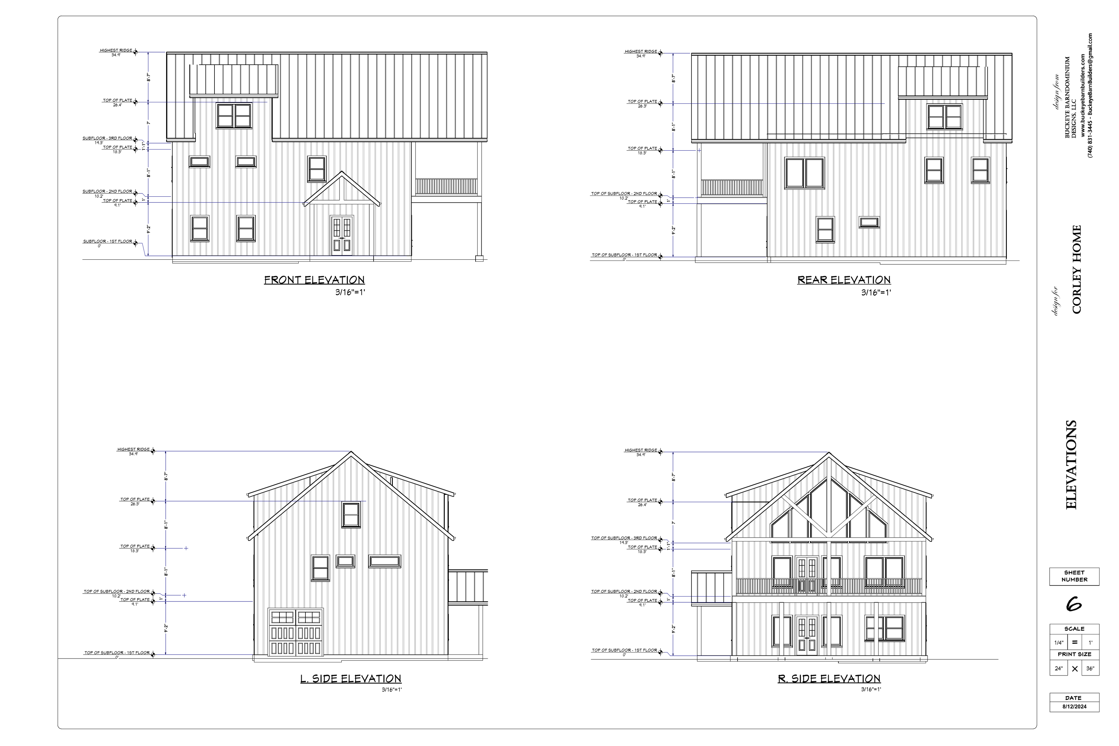 Exact exterior elevation sheet from the Corley Home final plan PDF