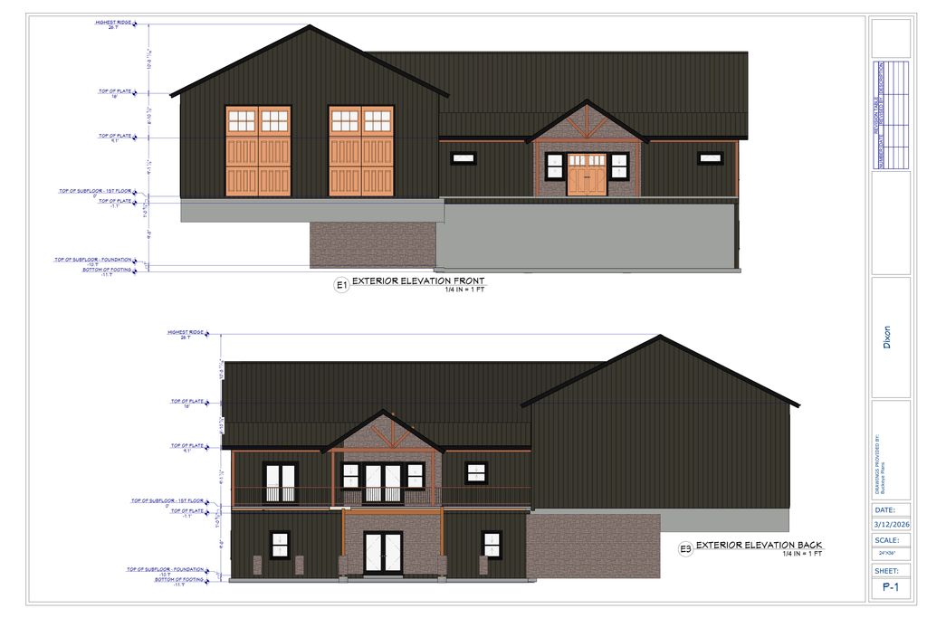 Exact front and rear exterior elevation sheet from the Dixon Residence plan PDF