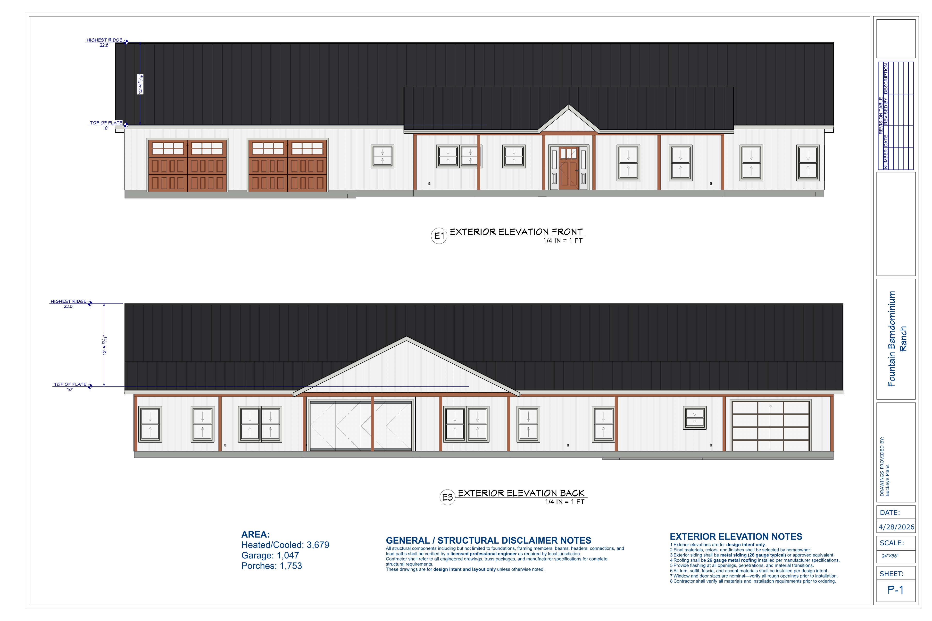Fountain Barndominium exact exterior elevations from plan PDF