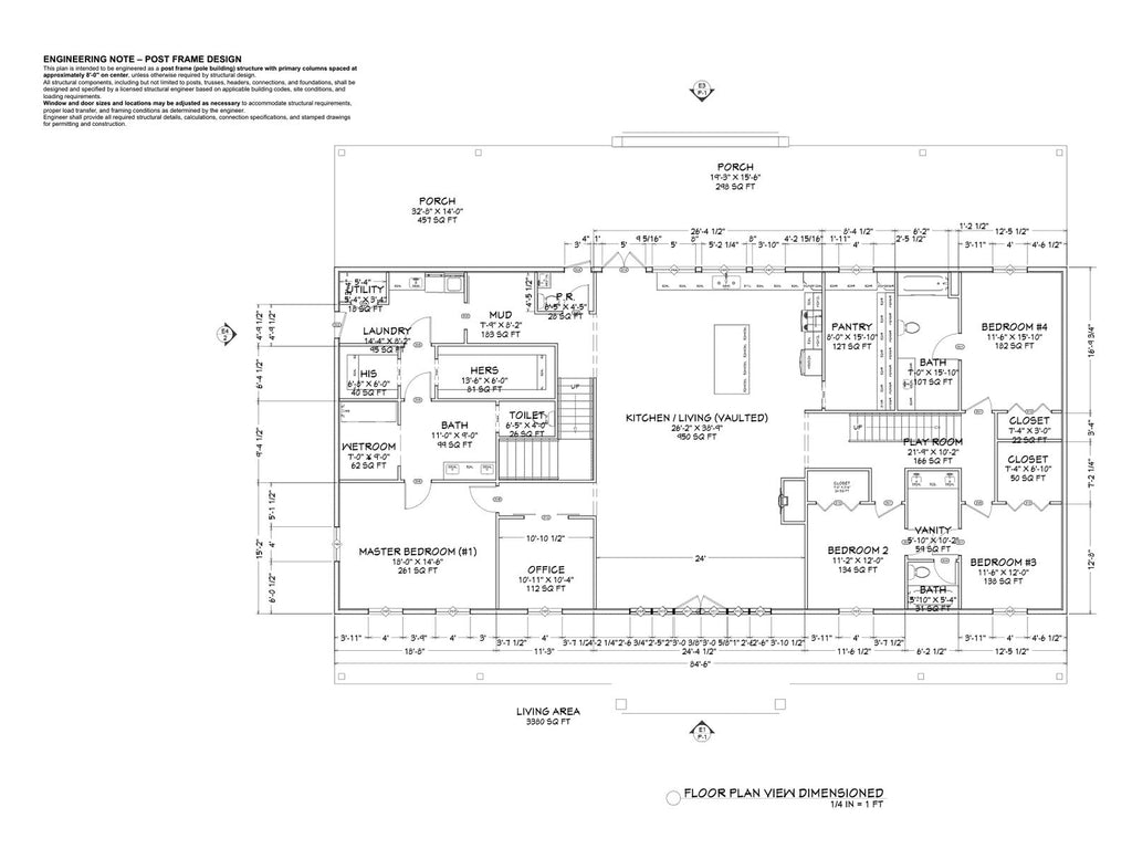 The Hawthorne Barndominium dimensioned floor plan