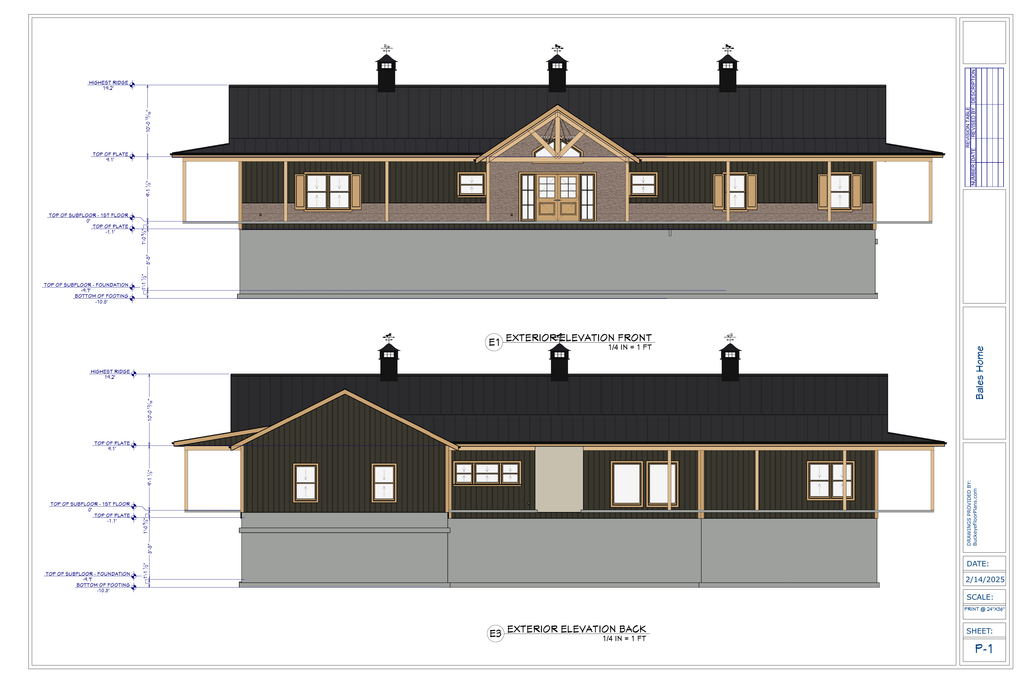 Exact exterior elevation sheet from the Heather Bales final plan PDF