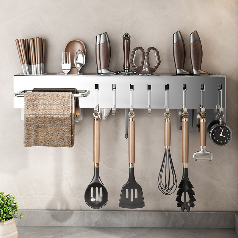 Stainless Steel Wall-Mounted Kitchen Utensil Storage Rack with Hooks