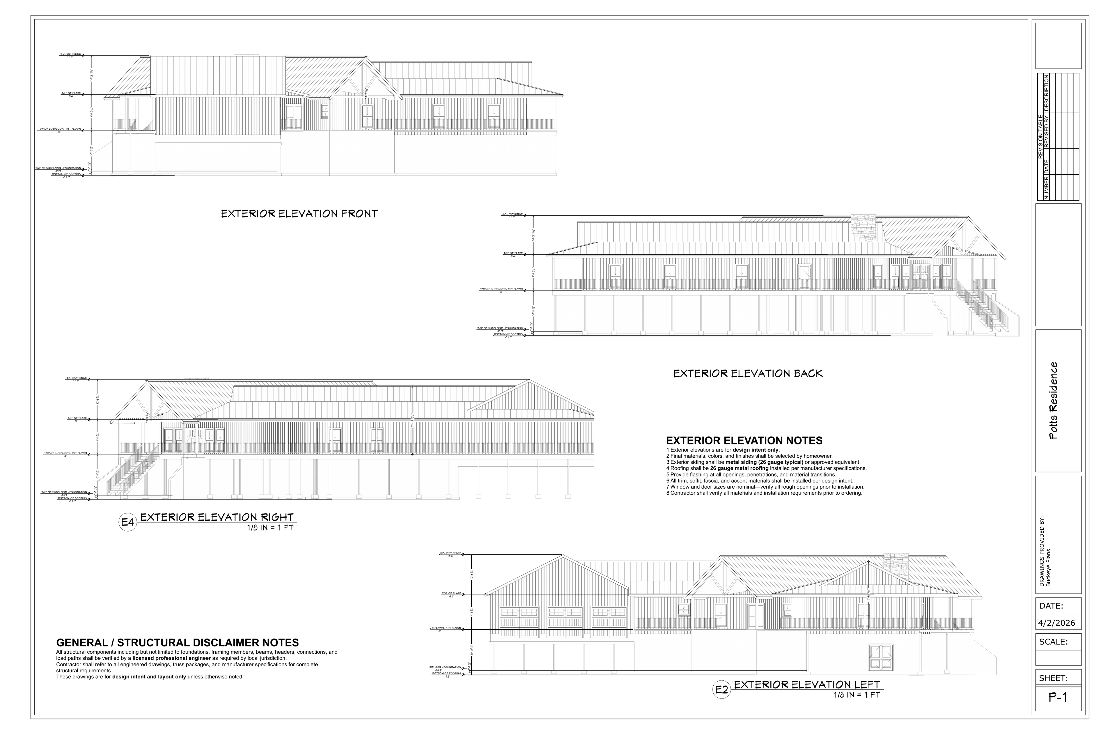 Exact exterior elevation sheet from the Potts Residence plan PDF