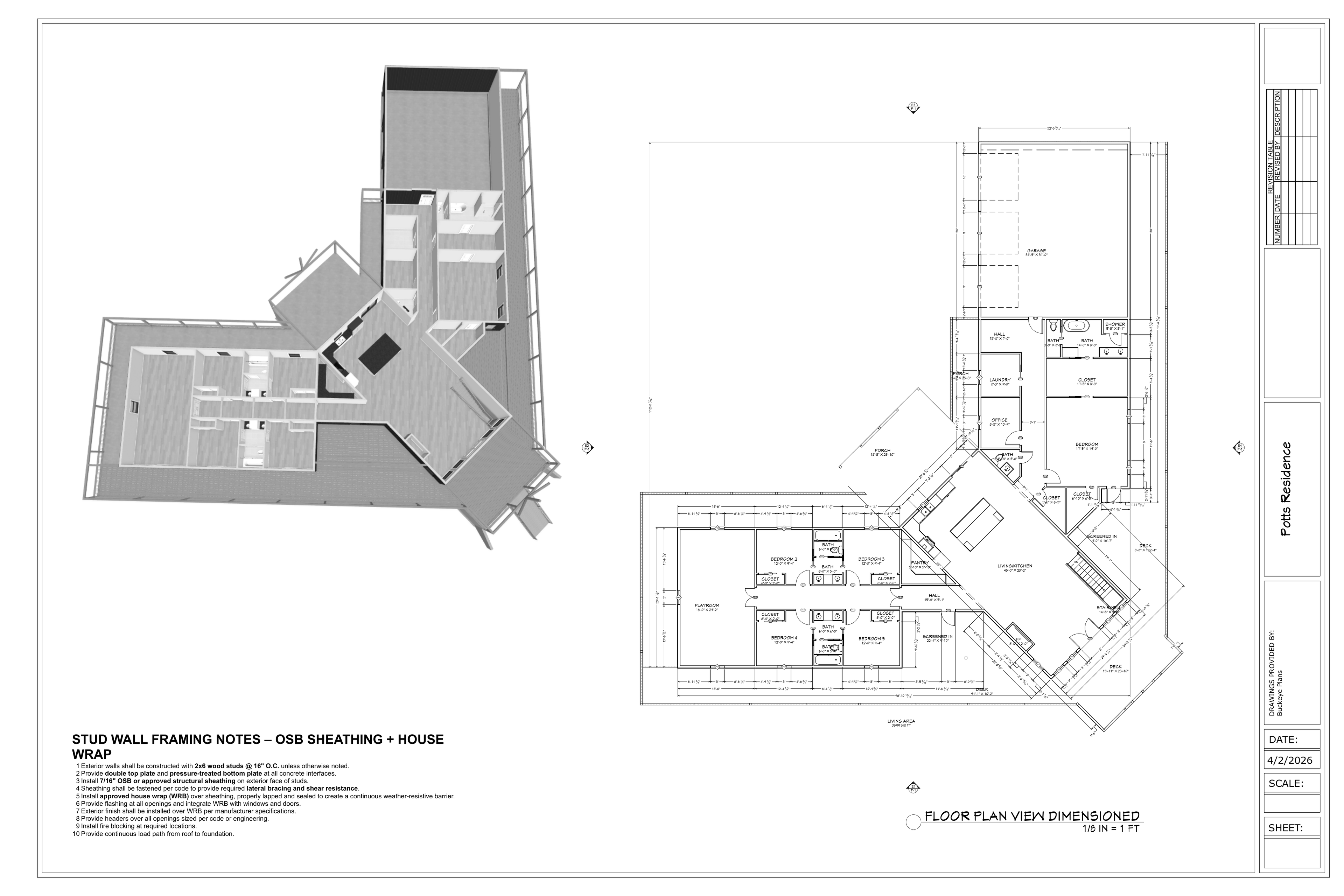 Exact dimensioned floor plan sheet from the Potts Residence plan PDF
