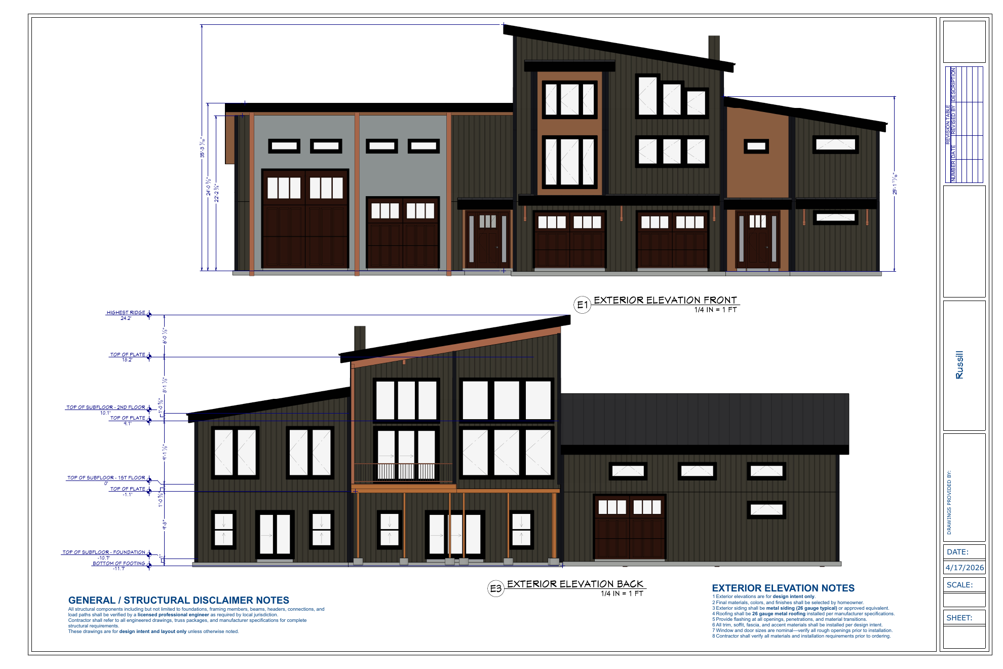 Russill Residence exact exterior elevations from plan PDF