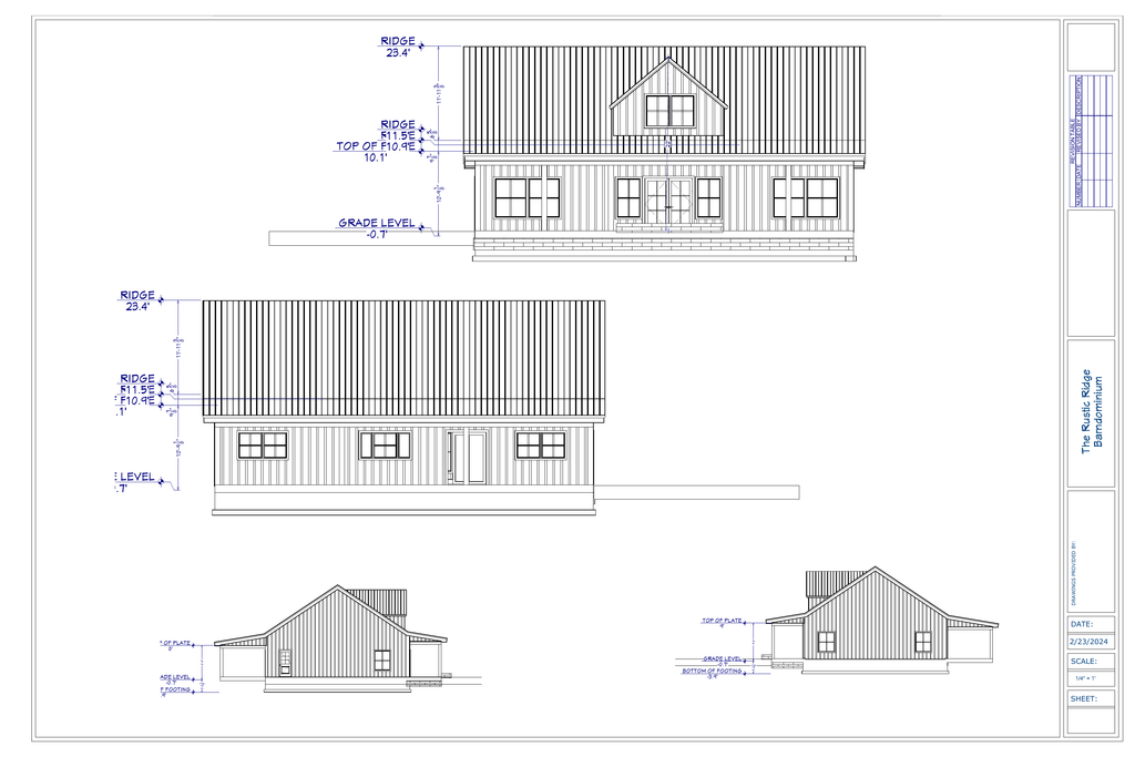 Exact exterior elevation sheet from The Rustic Ridge Barndominium plan PDF
