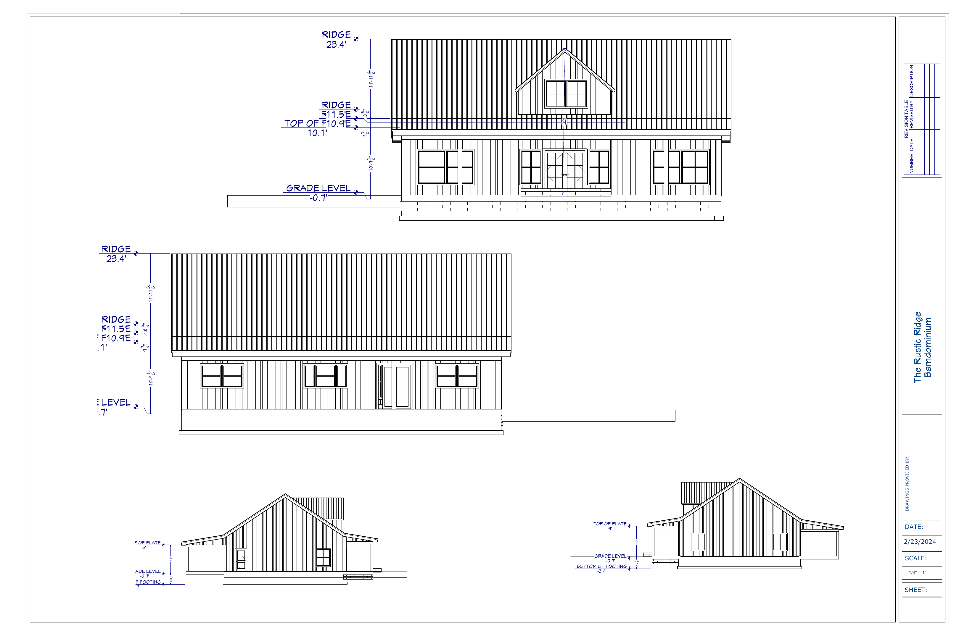 Exact exterior elevation sheet from The Rustic Ridge Barndominium plan PDF