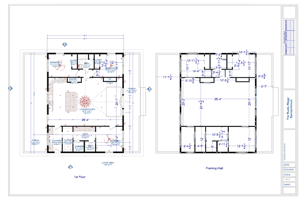 Exact dimensioned floor plan sheet from The Rustic Ridge Barndominium plan PDF