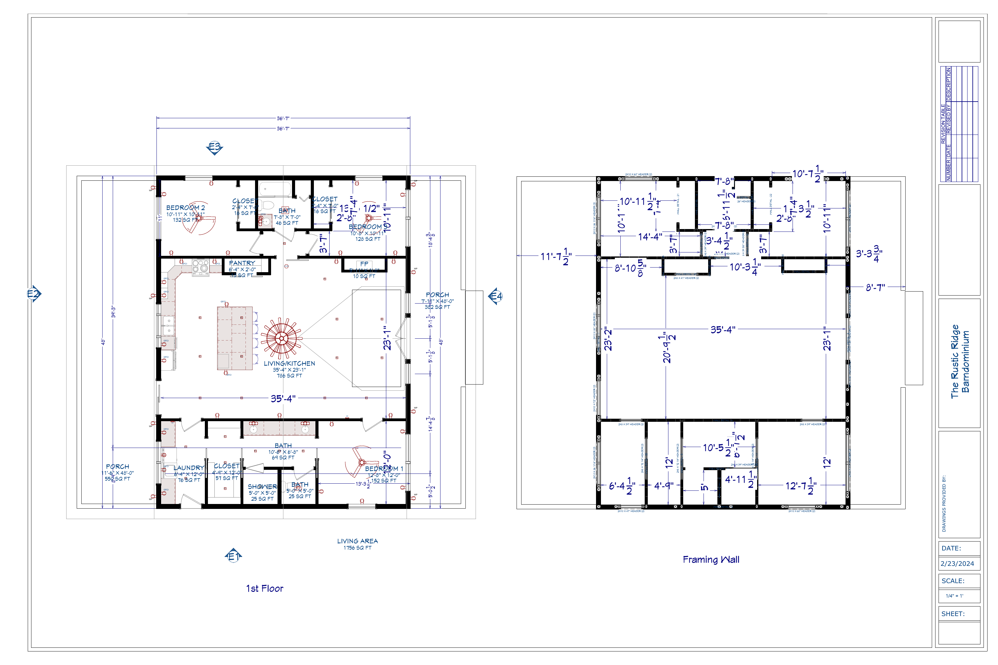 Exact dimensioned floor plan sheet from The Rustic Ridge Barndominium plan PDF