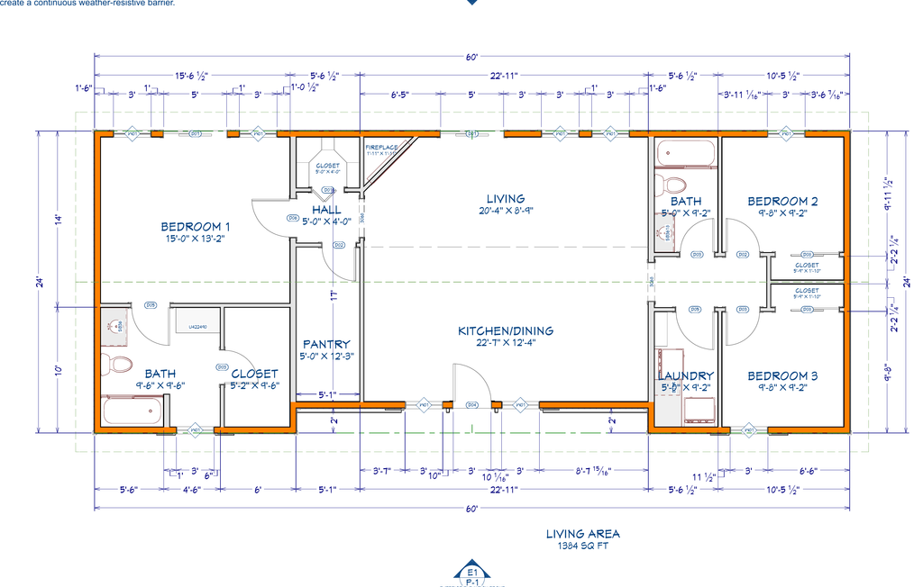 The Evergreen 1,384 square foot 3 bedroom 2 bathroom floor plan