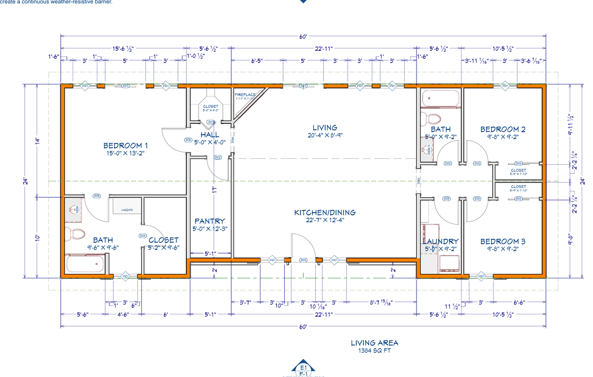 The Evergreen 1,384 square foot 3 bedroom 2 bathroom floor plan