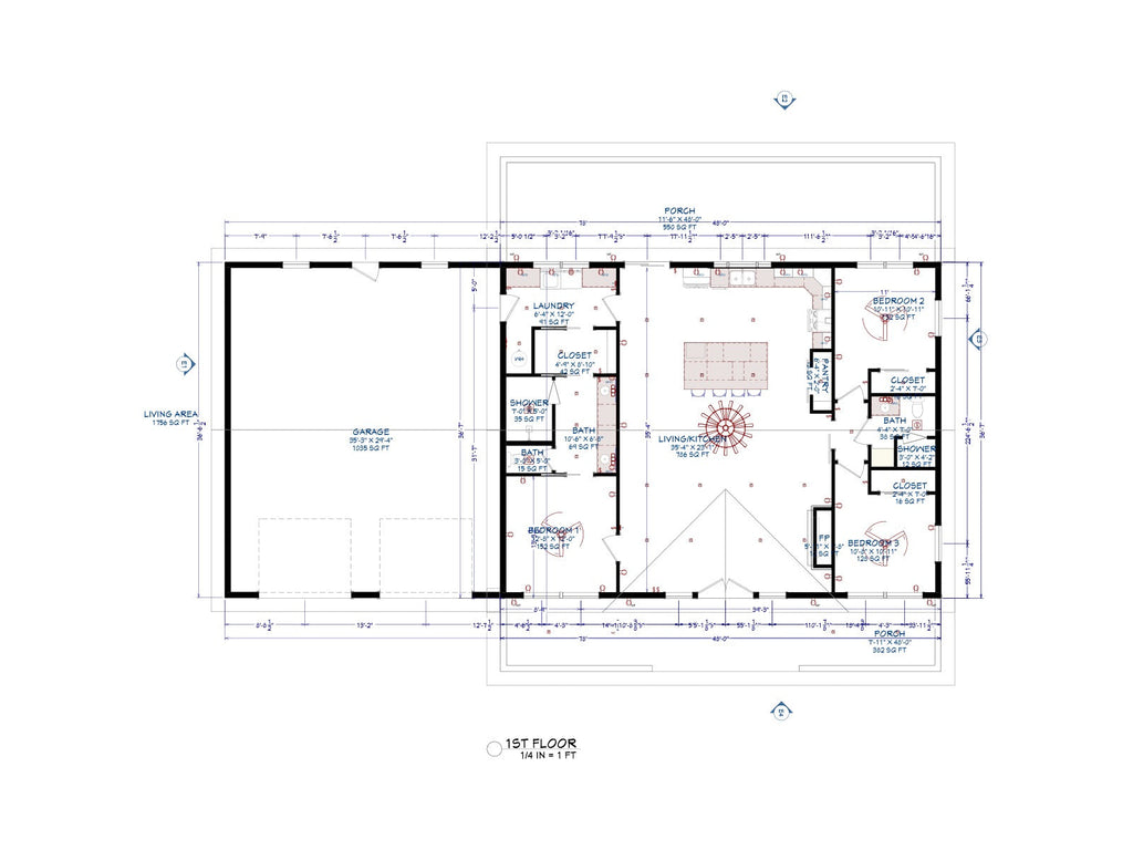 The Timberline Barndominium dimensioned floor plan