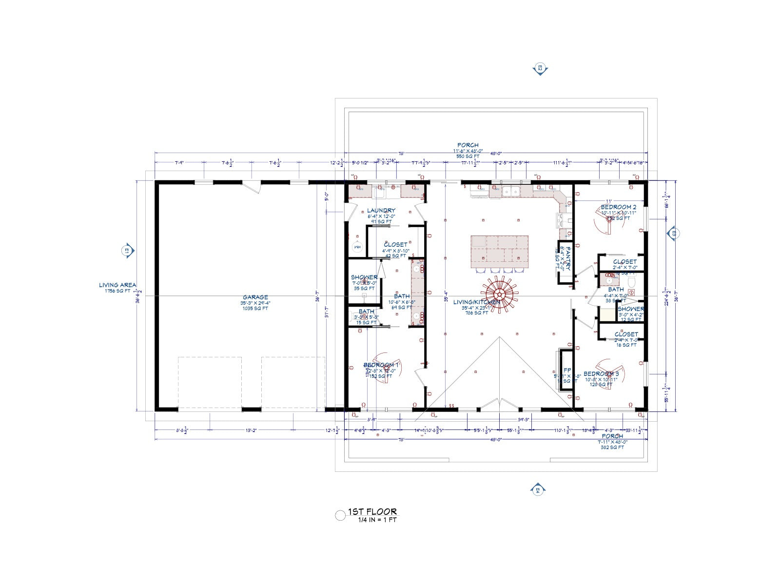 The Timberline Barndominium dimensioned floor plan