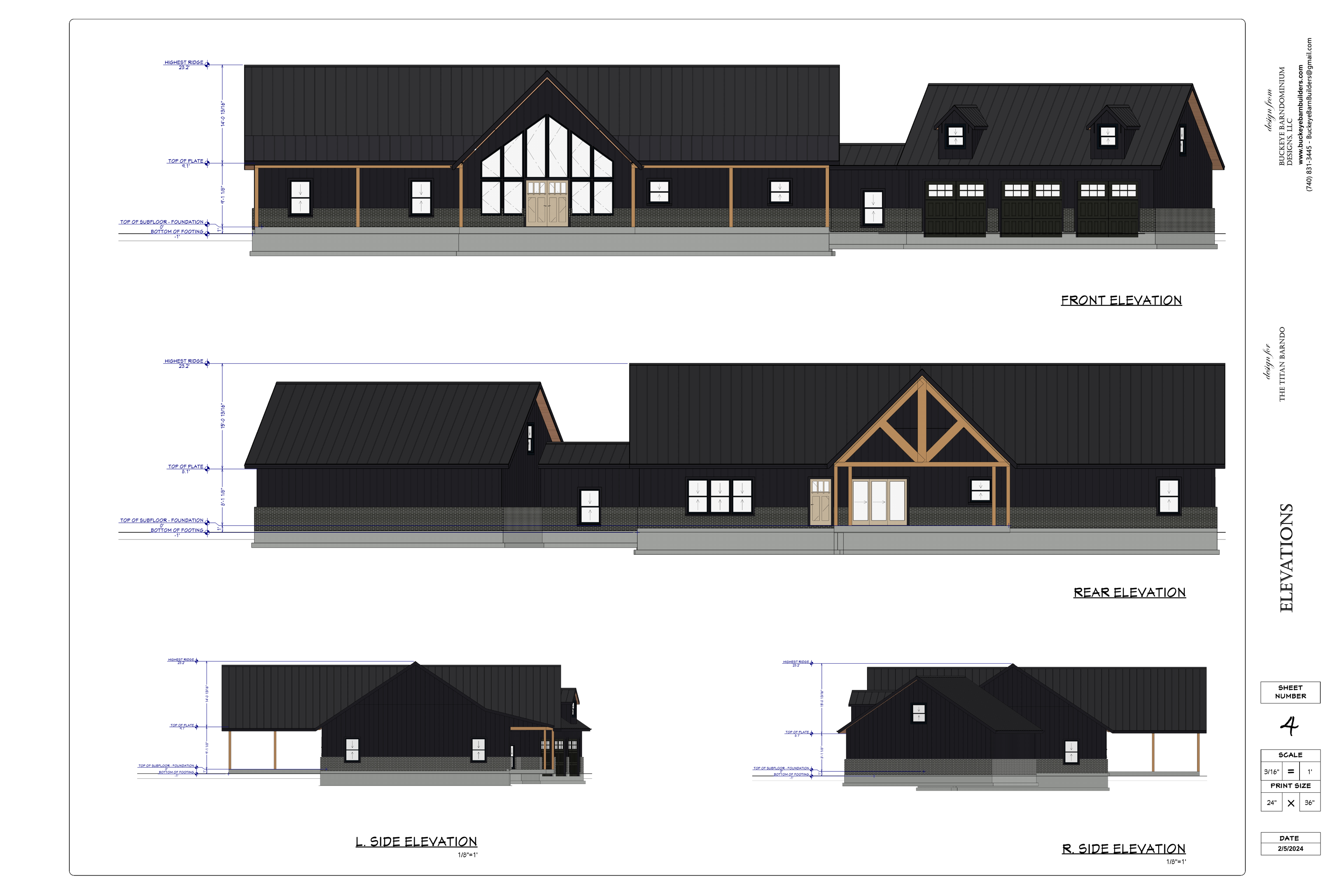Exact exterior elevation sheet from The Titan Barndominium plan PDF