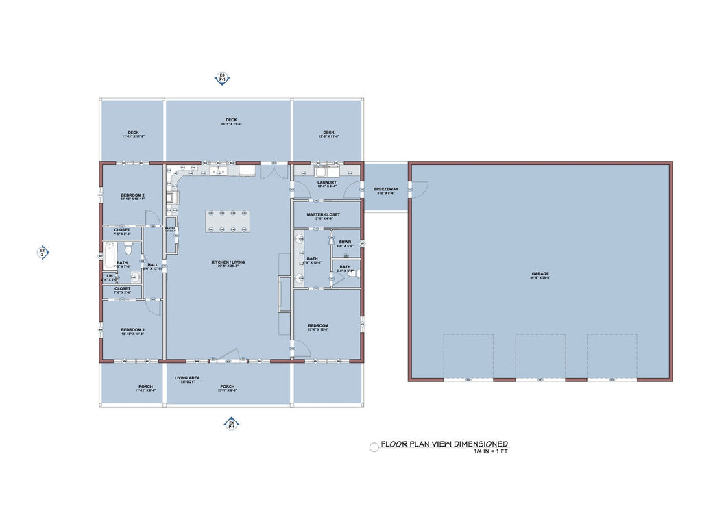 The Wildwood 3 Barndominium dimensioned floor plan