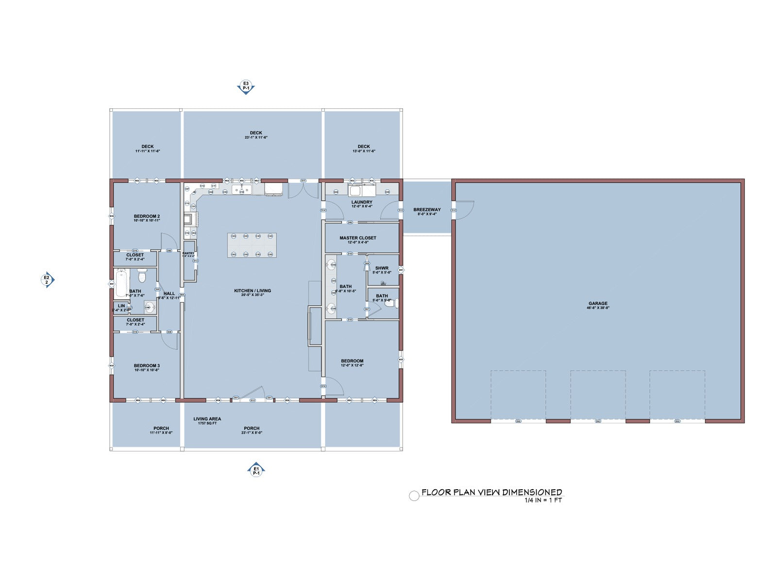 The Wildwood 3 Barndominium dimensioned floor plan